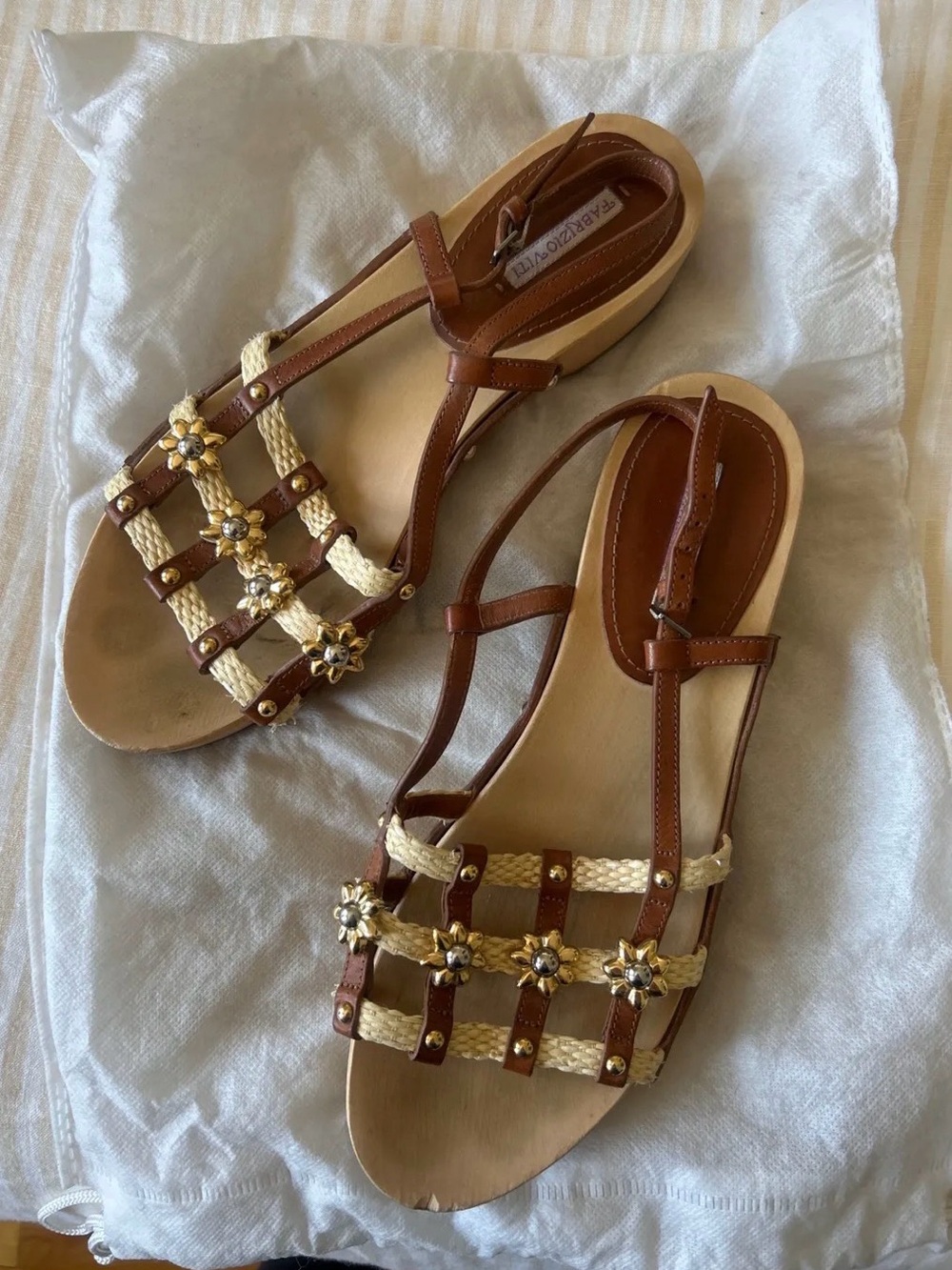 Fabrizio Viti leather and raffia mini wedge slingbacks